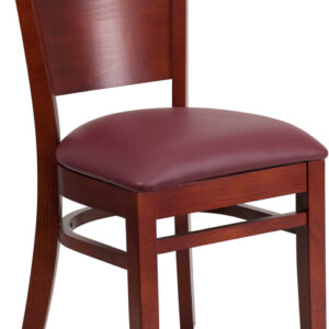 Wholesale Lacey Series Solid Back Mahogany Wood Restaurant Chair - Burgundy Vinyl Seat