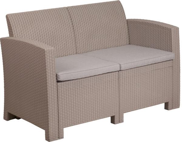 Lowest Price Light Gray Faux Rattan Loveseat with All-Weather Light Gray Cushions