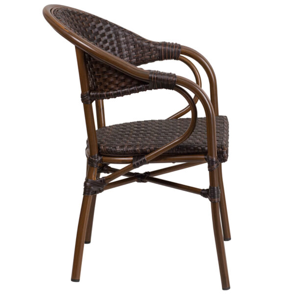 Lowest Price Milano Series Dark Brown Rattan Restaurant Patio Chair with Red Bamboo-Aluminum Frame