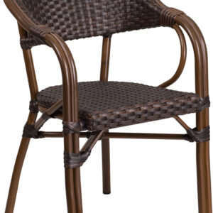 Wholesale Milano Series Dark Brown Rattan Restaurant Patio Chair with Red Bamboo-Aluminum Frame