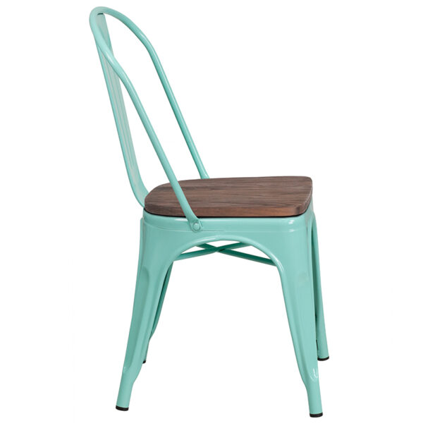 Lowest Price Mint Green Metal Stackable Chair with Wood Seat