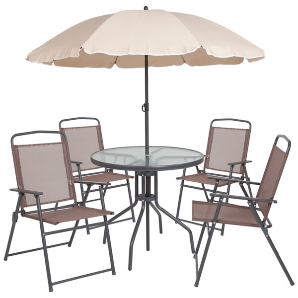 Nantucket 6 Piece Brown Patio Garden, Outdoor Patio Table With Umbrella And Chairs