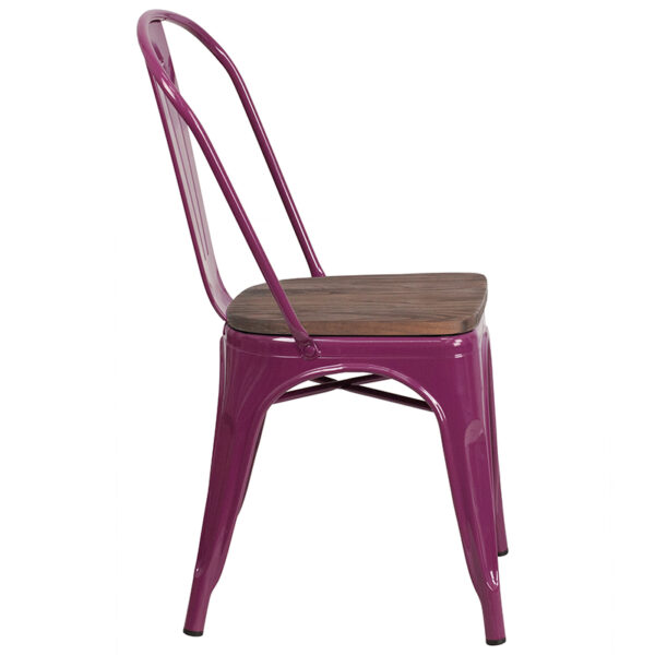 Lowest Price Purple Metal Stackable Chair with Wood Seat