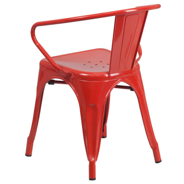 Stackable Bistro Style Chair Red Metal Chair With Arms