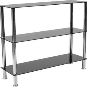 Wholesale Riverside Collection 3 Shelf 31.5"H Glass Storage Display Unit Bookcase with Stainless Steel Frame in Black