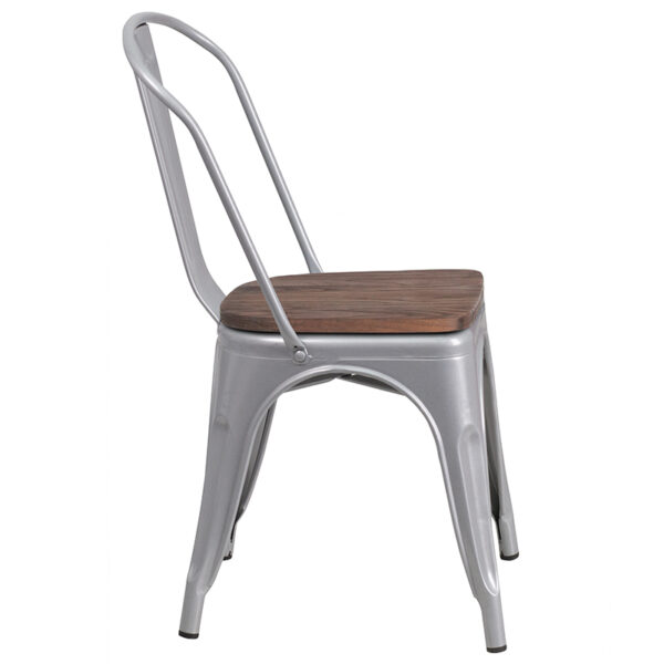 Lowest Price Silver Metal Stackable Chair with Wood Seat