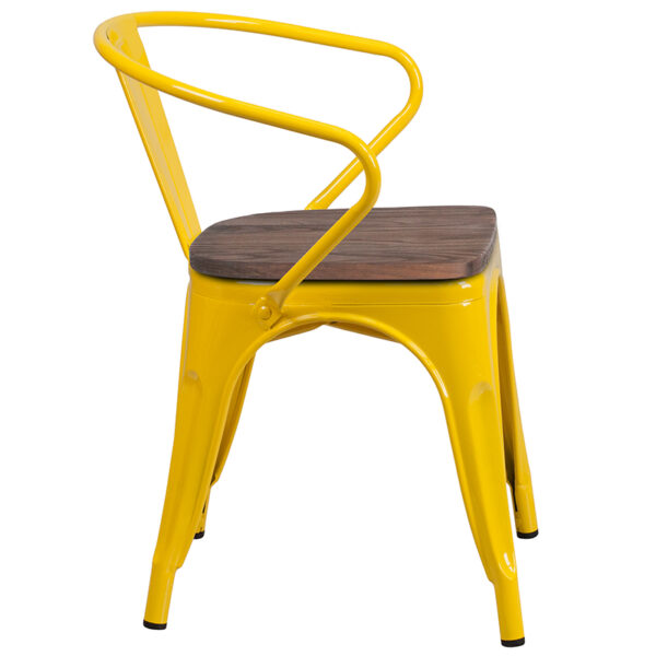Lowest Price Yellow Metal Chair with Wood Seat and Arms