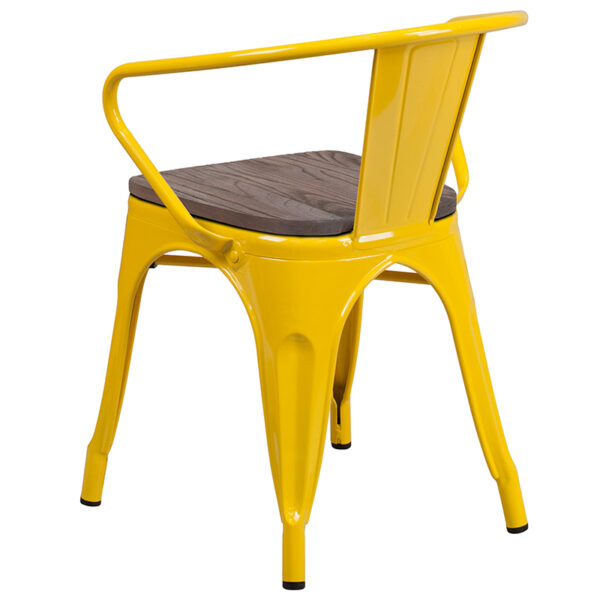 Stackable Bistro Style Chair Yellow Metal Chair With Arms