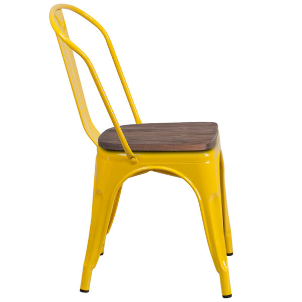 Lowest Price Yellow Metal Stackable Chair with Wood Seat