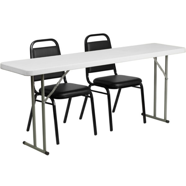 Wholesale 18'' x 72'' Plastic Folding Training Table Set with 2 Trapezoidal Back Stack Chairs
