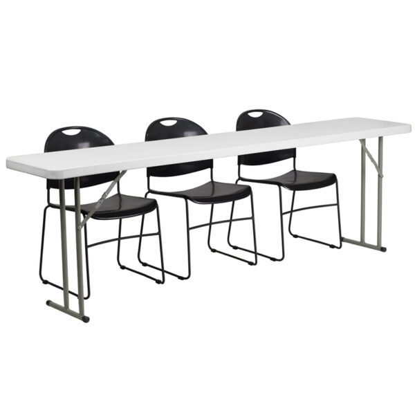 Wholesale 18'' x 96'' Plastic Folding Training Table Set with 3 Black Plastic Stack Chairs
