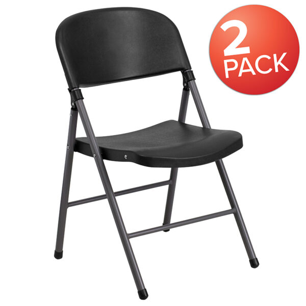 Wholesale 2 Pk. HERCULES Series 330 lb. Capacity Black Plastic Folding Chair with Charcoal Frame