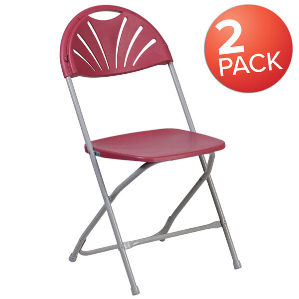 Wholesale 2 Pk. HERCULES Series 650 lb. Capacity Burgundy Plastic Fan Back Folding Chair