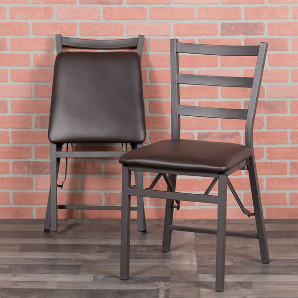 Lowest Price 2 Pk. HERCULES Series Brown Folding Ladder Back Metal Chair with Brown Vinyl Seat