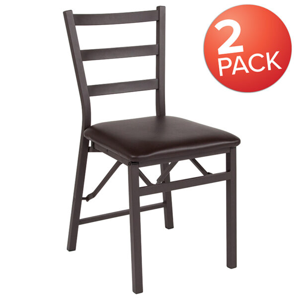 Wholesale 2 Pk. HERCULES Series Brown Folding Ladder Back Metal Chair with Brown Vinyl Seat