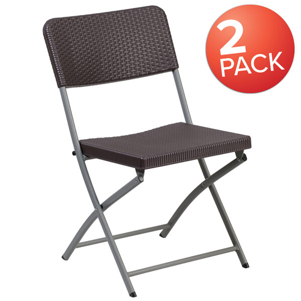 Wholesale 2 Pk. HERCULES Series Brown Rattan Plastic Folding Chair with Gray Frame