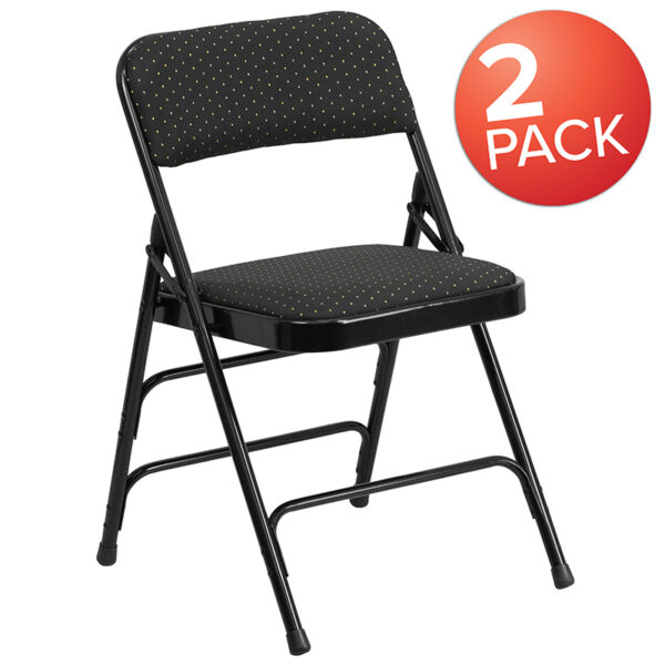 Wholesale 2 Pk. HERCULES Series Curved Triple Braced & Double Hinged Black Patterned Fabric Metal Folding Chair
