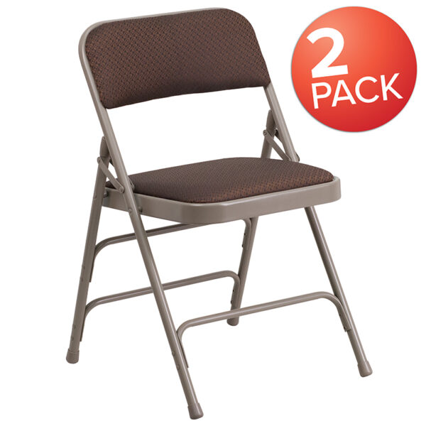 Wholesale 2 Pk. HERCULES Series Curved Triple Braced & Double Hinged Brown Patterned Fabric Metal Folding Chair