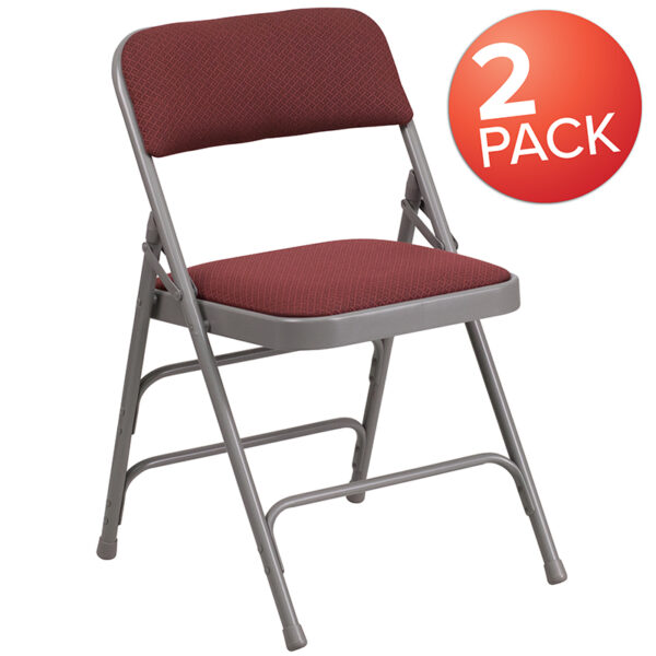 Wholesale 2 Pk. HERCULES Series Curved Triple Braced & Double Hinged Burgundy Patterned Fabric Metal Folding Chair