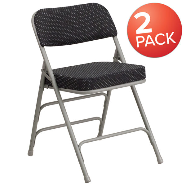 Wholesale 2 Pk. HERCULES Series Premium Curved Triple Braced & Double Hinged Black Pin-Dot Fabric Metal Folding Chair