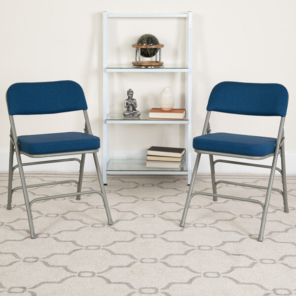 Lowest Price 2 Pk. HERCULES Series Premium Curved Triple Braced & Double Hinged Navy Fabric Metal Folding Chair