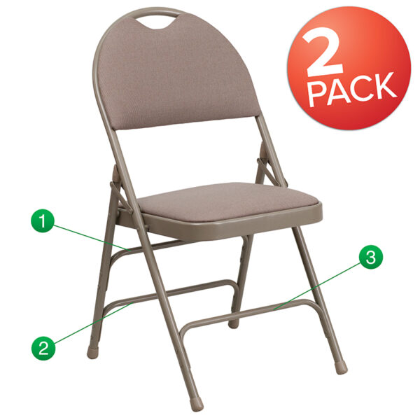 Wholesale 2 Pk. HERCULES Series Ultra-Premium Triple Braced Beige Fabric Metal Folding Chair with Easy-Carry Handle