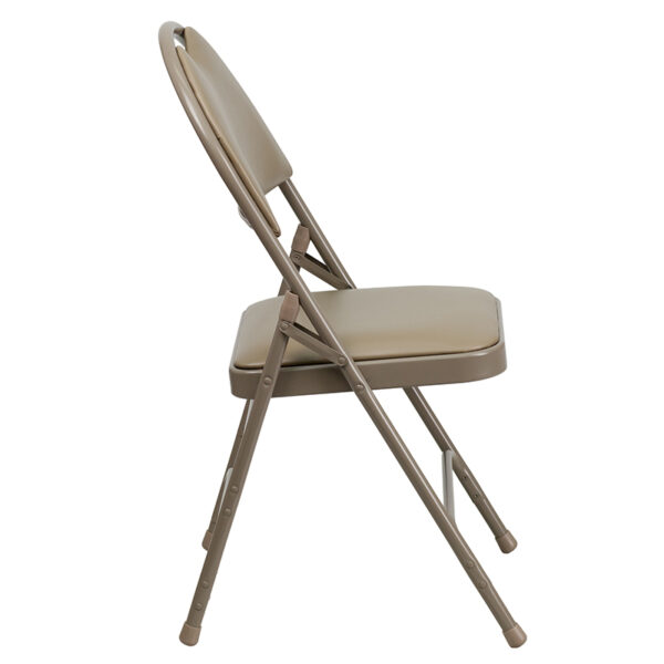Set of 2 Padded Metal Folding Chairs  - Carrying Handle Cutout Beige Vinyl Folding Chair