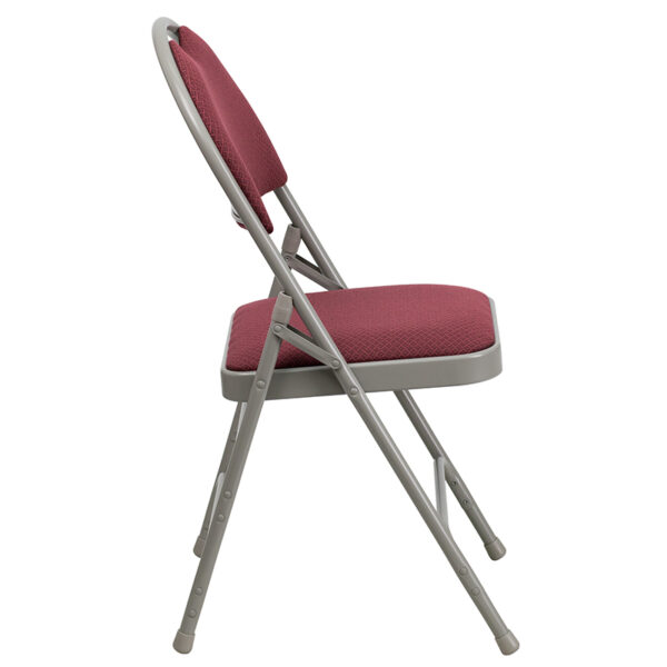Set of 2 Padded Metal Folding Chairs  - Carrying Handle Cutout Burgundy Fabric Folding Chair