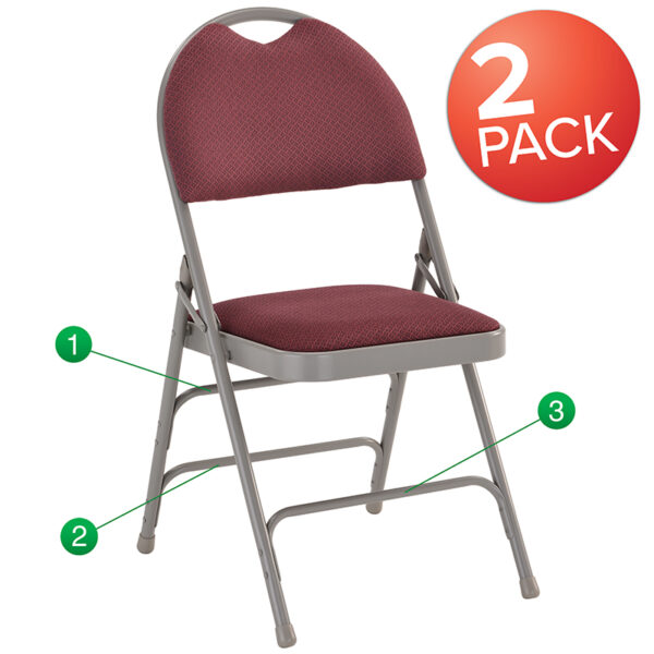 Wholesale 2 Pk. HERCULES Series Ultra-Premium Triple Braced Burgundy Fabric Metal Folding Chair with Easy-Carry Handle