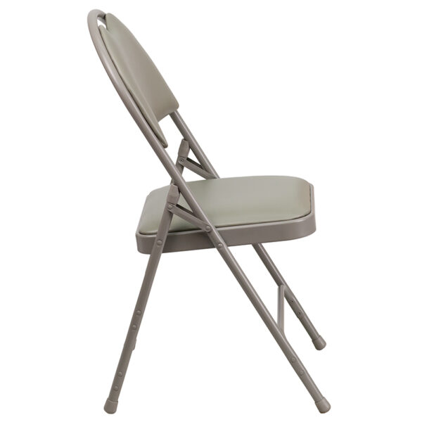 Set of 2 Padded Metal Folding Chairs  - Carrying Handle Cutout Gray Vinyl Folding Chair