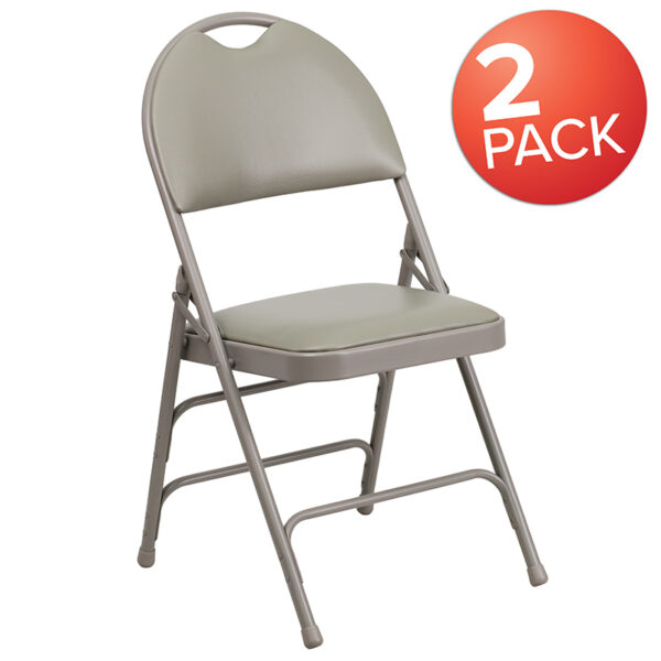 Wholesale 2 Pk. HERCULES Series Ultra-Premium Triple Braced Gray Vinyl Metal Folding Chair with Easy-Carry Handle