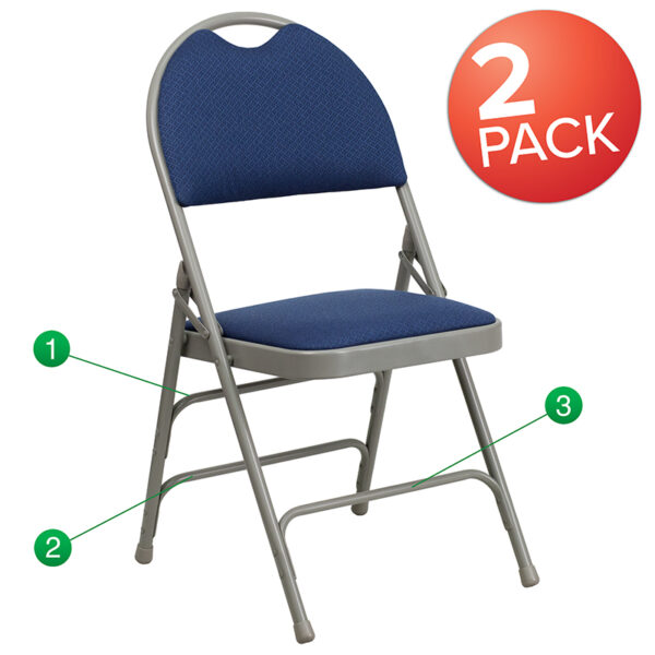 Wholesale 2 Pk. HERCULES Series Ultra-Premium Triple Braced Navy Fabric Metal Folding Chair with Easy-Carry Handle