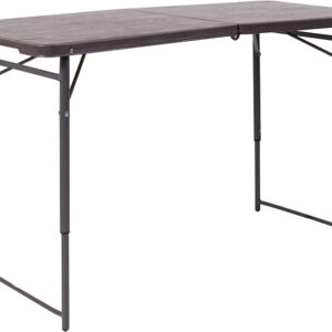 Wholesale 23.5''W x 48.25''L Height Adjustable Bi-Fold Brown Wood Grain Plastic Folding Table with Carrying Handle
