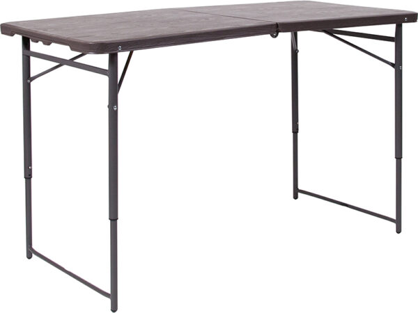 Wholesale 23.5''W x 48.25''L Height Adjustable Bi-Fold Brown Wood Grain Plastic Folding Table with Carrying Handle