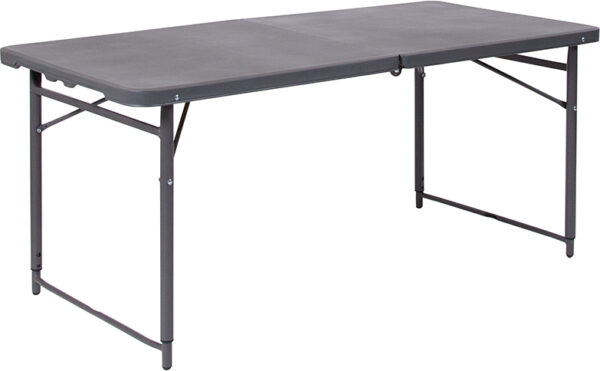 Wholesale 23.5''W x 48.25''L Height Adjustable Bi-Fold Dark Gray Plastic Folding Table with Carrying Handle