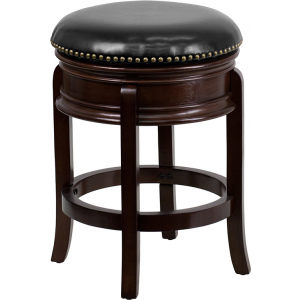 Wholesale 24'' High Backless Cappuccino Wood Counter Height Stool with Carved Apron and Black Leather Swivel Seat