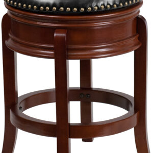 Wholesale 24'' High Backless Light Cherry Wood Counter Height Stool Carved Apron and Black Leather Swivel Seat