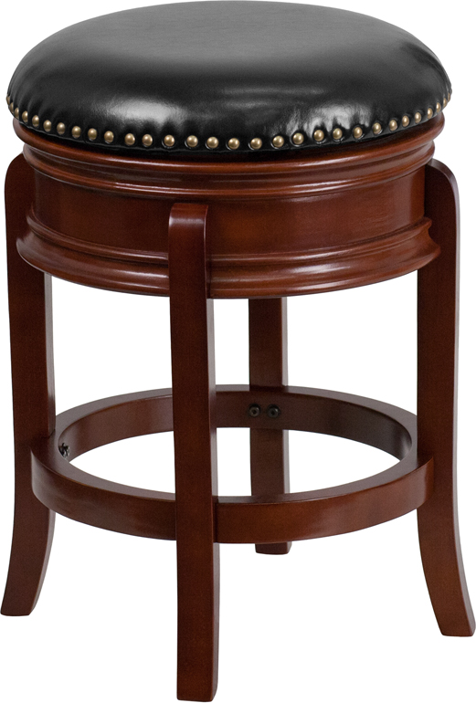 24 High Backless Light Cherry Wood, Wood Bar Stools With Leather Seats