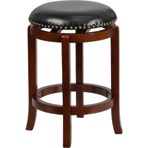 Wholesale 24'' High Backless Light Cherry Wood Counter Height Stool with Black Leather Swivel Seat