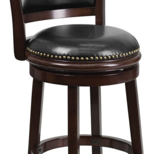 Wholesale 24'' High Cappuccino Wood Counter Height Stool with Panel Back and Black Leather Swivel Seat
