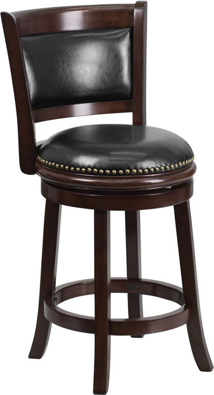 Wholesale 24'' High Cappuccino Wood Counter Height Stool with Panel Back and Black Leather Swivel Seat