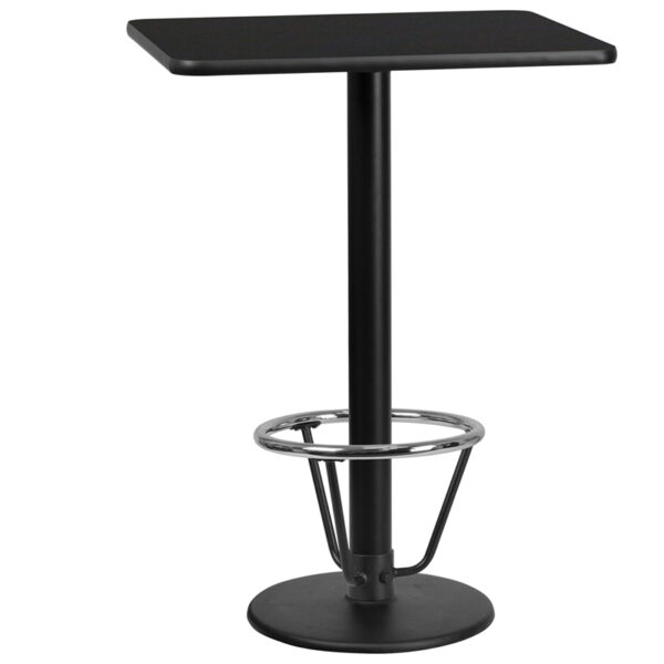 Wholesale 24'' x 30'' Rectangular Black Laminate Table Top with 18'' Round Bar Height Table Base and Foot Ring
