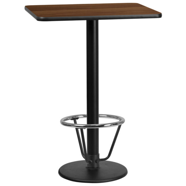Wholesale 24'' x 30'' Rectangular Walnut Laminate Table Top with 18'' Round Bar Height Table Base and Foot Ring