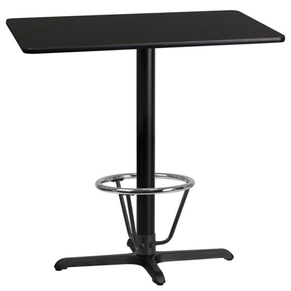 Wholesale 24'' x 42'' Rectangular Black Laminate Table Top with 22'' x 30'' Bar Height Table Base and Foot Ring