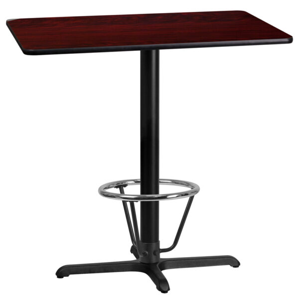 Wholesale 24'' x 42'' Rectangular Mahogany Laminate Table Top with 22'' x 30'' Bar Height Table Base and Foot Ring