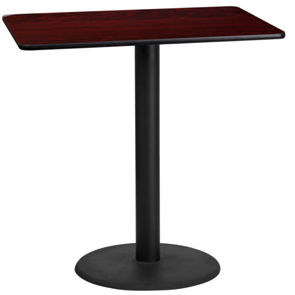 Wholesale 24'' x 42'' Rectangular Mahogany Laminate Table Top with 24'' Round Bar Height Table Base