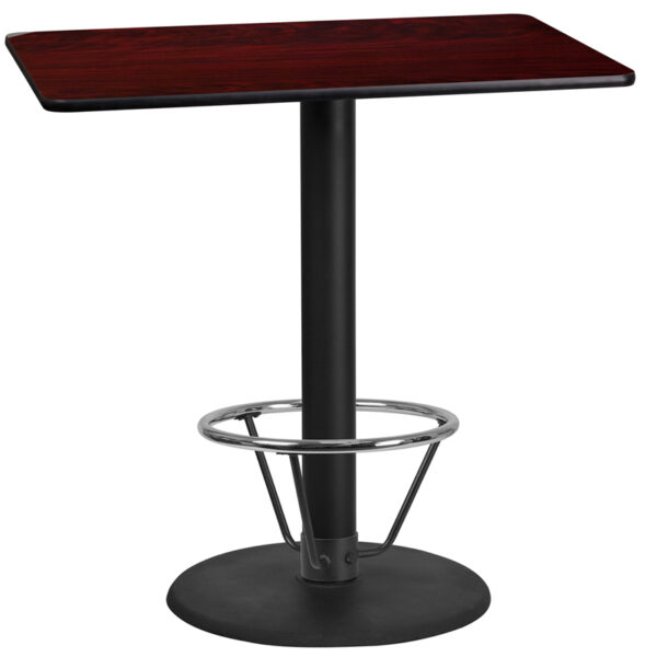 Wholesale 24'' x 42'' Rectangular Mahogany Laminate Table Top with 24'' Round Bar Height Table Base and Foot Ring