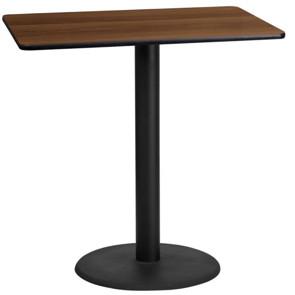 Wholesale 24'' x 42'' Rectangular Walnut Laminate Table Top with 24'' Round Bar Height Table Base