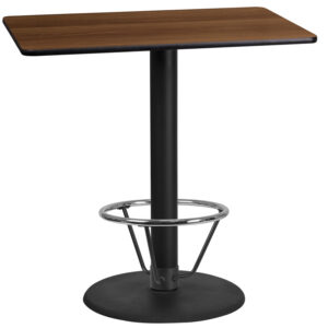 Wholesale 24'' x 42'' Rectangular Walnut Laminate Table Top with 24'' Round Bar Height Table Base and Foot Ring
