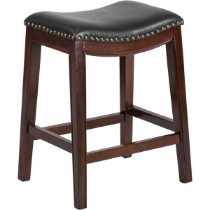 Wholesale 26'' High Backless Cappuccino Wood Counter Height Stool with Black Leather Saddle Seat